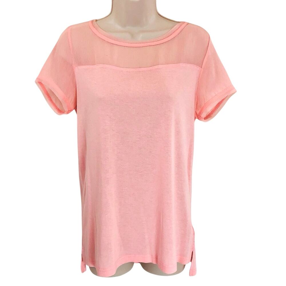 H&M Pink Peach Gauzy Yoke Short Sleeve Top Back Zip